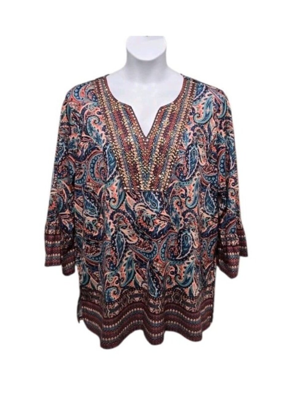 Ruby Rd Studded Tunic Womens 2X Paisley Flare Sleeve Print Cotton Boho Casual
